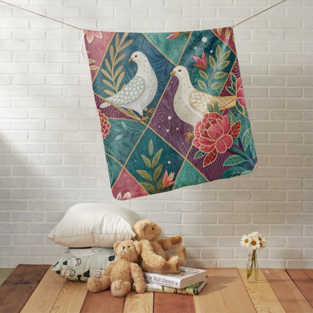 Adorable White Doves Pink Floral & Gold Geometric Baby Blanket (In Situ)