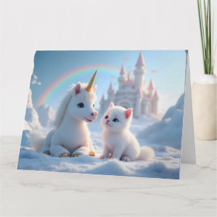 Adorable White Kitten and Baby Unicorn Card