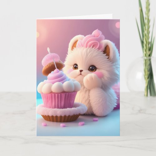 Adorable White Kitten Baking Cupcakes Blank Card