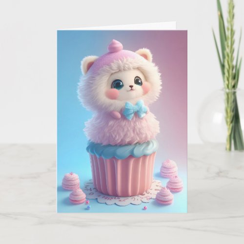 Adorable White Kitten Baking Cupcakes Blank Card