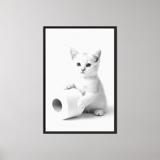 Adorable White Kitten Holding Toilet Paper Minimal Canvas Print