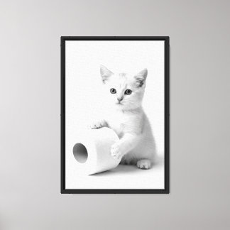 Adorable White Kitten Holding Toilet Paper Minimal Canvas Print