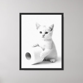 Adorable White Kitten Holding Toilet Paper Minimal Canvas Print