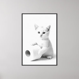 Adorable White Kitten Holding Toilet Paper Minimal Canvas Print