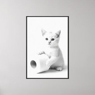 Adorable White Kitten Holding Toilet Paper Minimal Canvas Print
