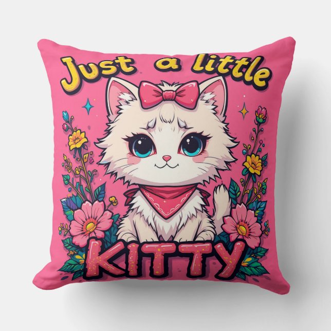 Adorable White Kitten Illustration Throw Pillow (Front)