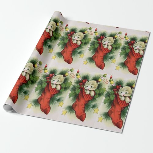 Adorable White Kitten in a Red Stocking Satin Bow  Wrapping Paper