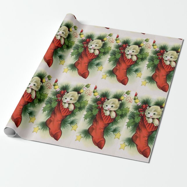 Adorable White Kitten in a Red Stocking Satin Bow  Wrapping Paper (Unrolled)