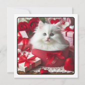 Adorable White Kitten in Box Funny Valentine  Holiday Card (Front)