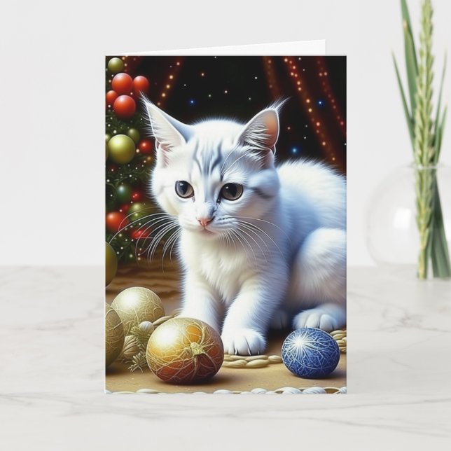 Adorable White Kitten Personalized Christmas Holiday Card (Front)