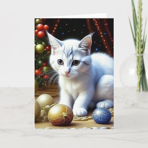 Adorable White Kitten Personalized Christmas Holiday Card