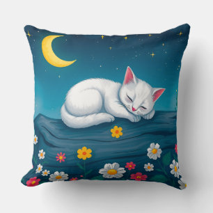 Adorable White Kitten Sleeping On Tree at Night Throw Pillow