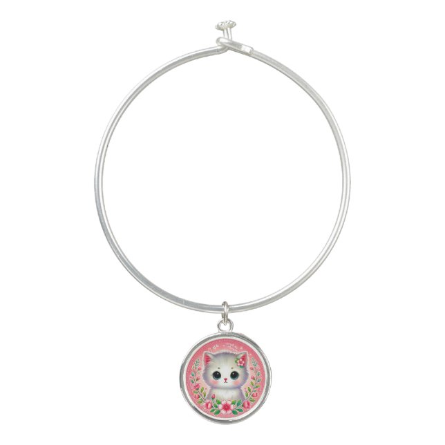 Adorable White Kitten Surrounded by Pink Flowers Bangle Bracelet (Front)