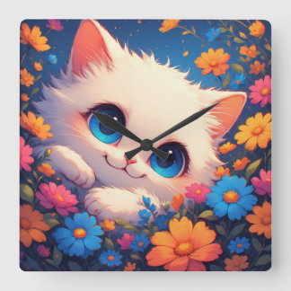 Adorable White Kitten With Bright Blue Eyes Square Wall Clock
