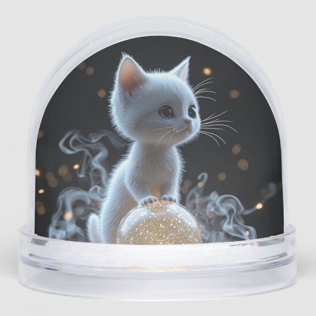 Adorable White Kitten with Mystic Glow Snow Globe (Front)