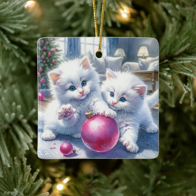 Adorable White Kittens Pink Christmas Personalized Ceramic Ornament (Tree)