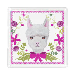 Adorable White Llama Face Fuchsia Pink Green Acrylic Tray