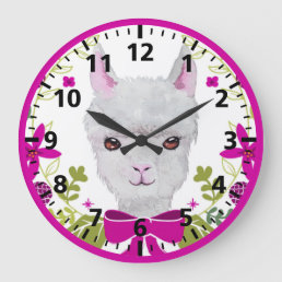 Adorable White Llama Face Fuchsia Pink Green Large Clock