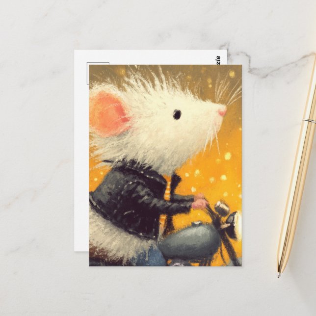 Adorable White Mouse riding a Motorcycle Postcard (Front/Back In Situ)