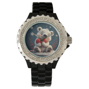Adorable White Polar Bear Cub Holding a Red Heart Watch
