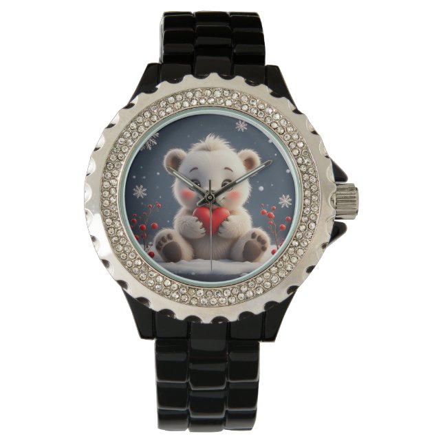 Adorable White Polar Bear Cub Holding a Red Heart Watch (Front)