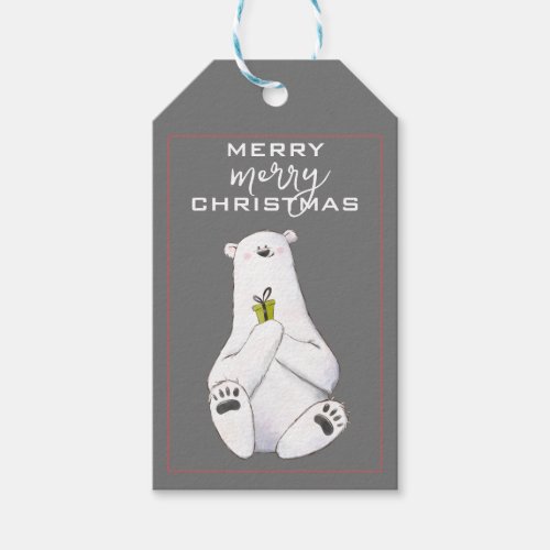 Adorable White Polar Bear with Little Green Gift _ Gift Tags