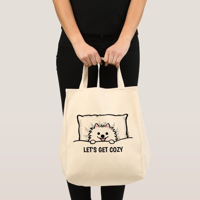 Adorable White Pomeranian Dog Let's Get Cozy  Tote Bag (Front (Product))