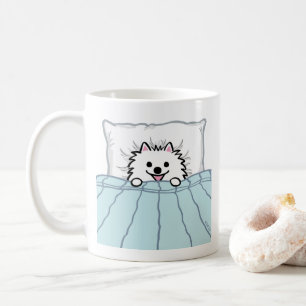 Adorable White Pomeranian Dog Tucked in Bed Coffee Mug