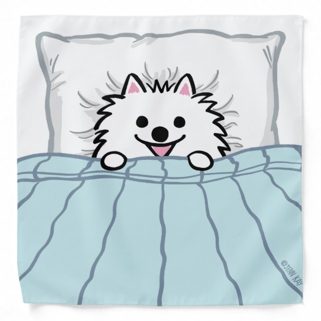 Adorable White Pomeranian Dog Tucked into Bed  Bandana (Front)