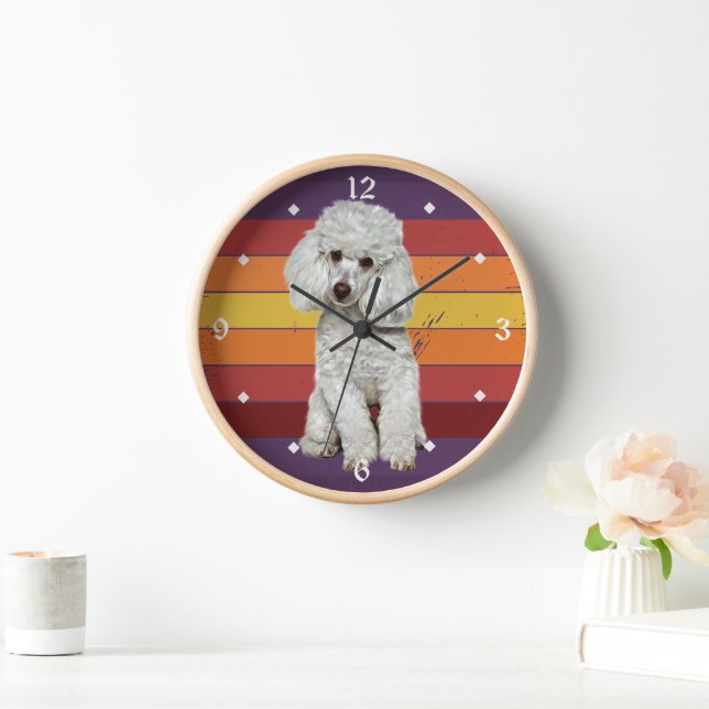 Adorable White Poodle Dog Retro Sunset Clock (Home)