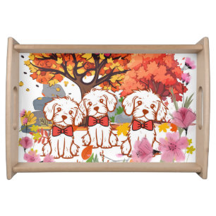 Adorable White Puppies In Autumn For Dog Parents Serving Tray