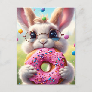 Adorable white rabbit with a donut postcard