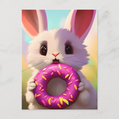 Adorable white rabbit with a pink donut postcard