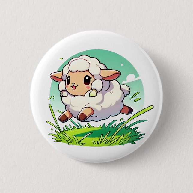 Adorable white sheep leaping through a field button (Front)