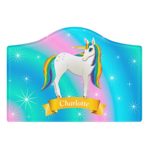 Adorable White Unicorn with Rainbow Mane Girly Door Sign