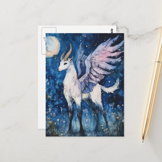 Adorable Winged Fantasy Goat Full Moon Postcard (Front/Back In Situ)