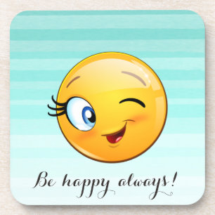 Adorable Winking Emoji Face-Be happy always Beverage Coaster