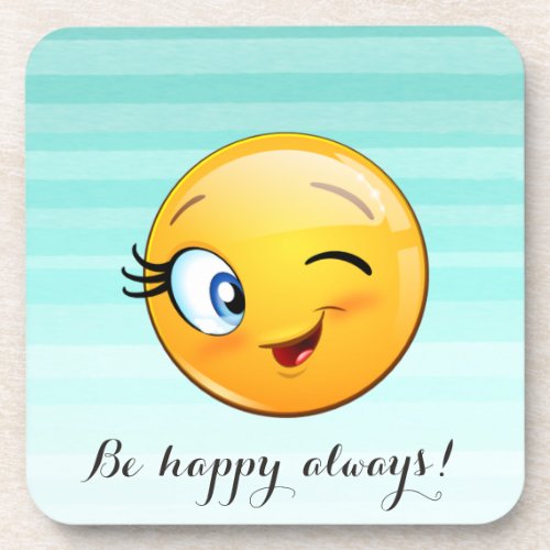 Adorable Winking Emoji Face_Be happy always Beverage Coaster