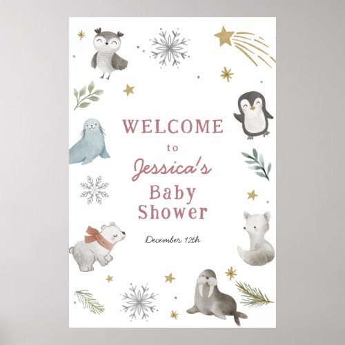 Adorable Winter Arctic Animals Baby Shower Welcome Poster