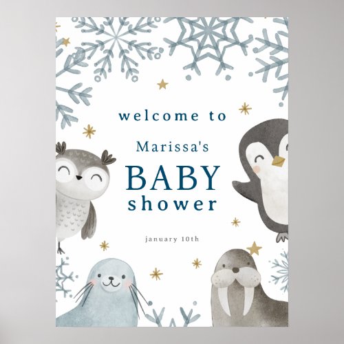Adorable Winter Arctic Animals Baby Shower Welcome Poster