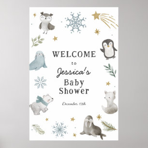 Adorable Winter Arctic Animals Baby Shower Welcome Poster