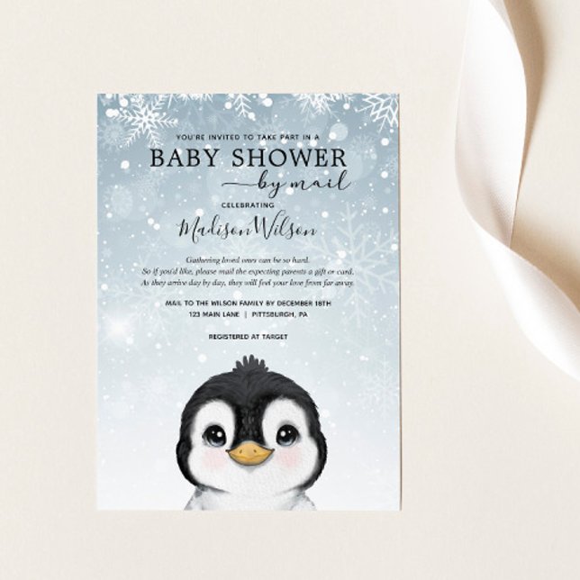 Adorable Winter Baby Penguin Baby Shower by Mail Invitation (Creator Uploaded)