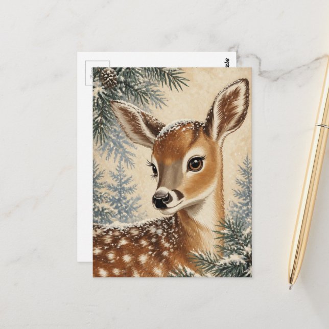 Adorable Winter Fawn Postcard (Front/Back In Situ)