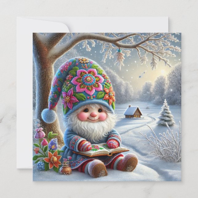 Adorable Winter Gnome in a Cozy Winter Landscape Holiday Card (Front)