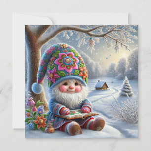 Adorable Winter Gnome in a Cozy Winter Landscape Holiday Card
