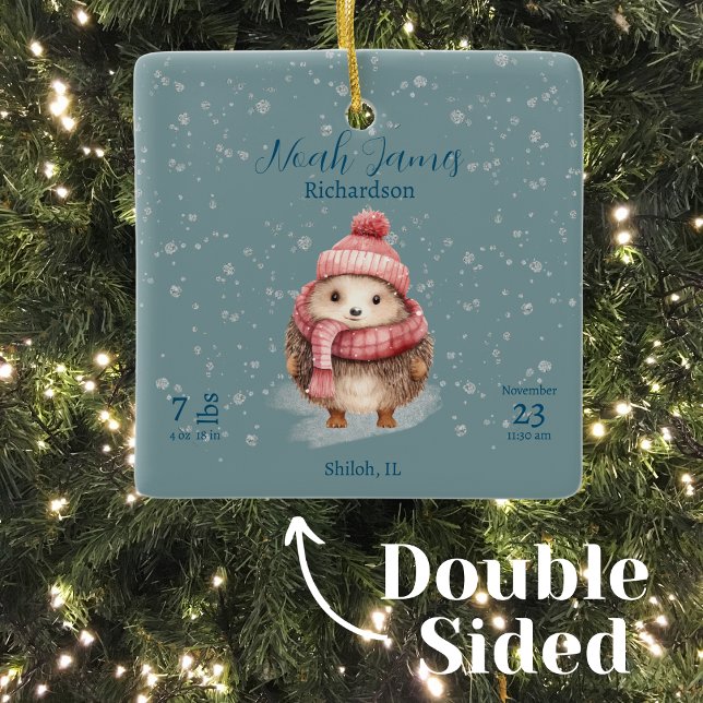 Adorable Winter Hedgehog Baby Birth Stats Details Ceramic Ornament (Creator Uploaded)