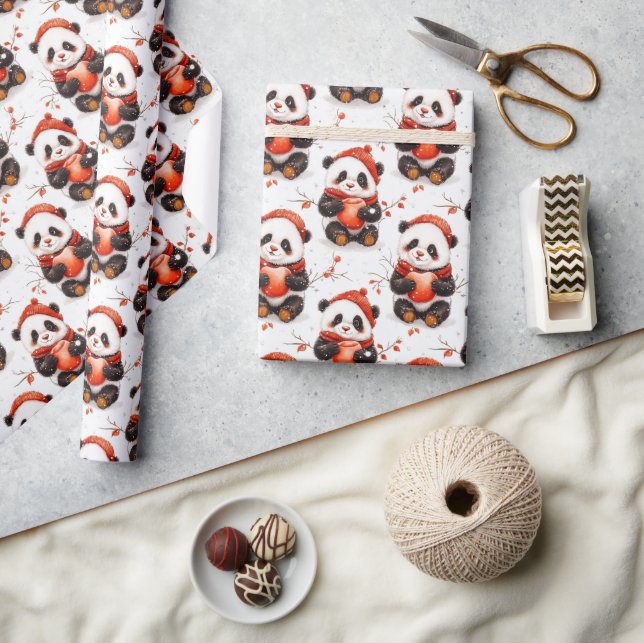 Adorable Winter Panda Pattern with Cozy Red Beanie Wrapping Paper (Crafts)