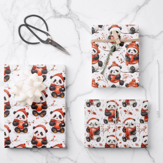 Adorable Winter Panda Pattern with Cozy Red Beanie Wrapping Paper Sheets (Front)