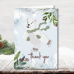 Adorable Winter Polar Bear Skating Letterpress Thank You Card