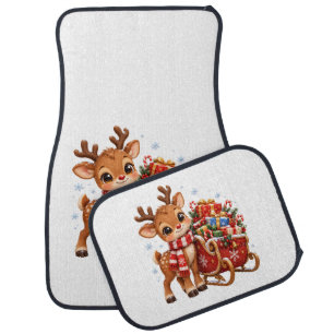 Adorable Winter Reindeer with Red Christmas Gift Car Floor Mat